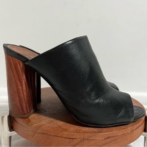 Tory Burch Raya Black Leather Mule Sandals Woodgrain Block Heel Women’s Size 8